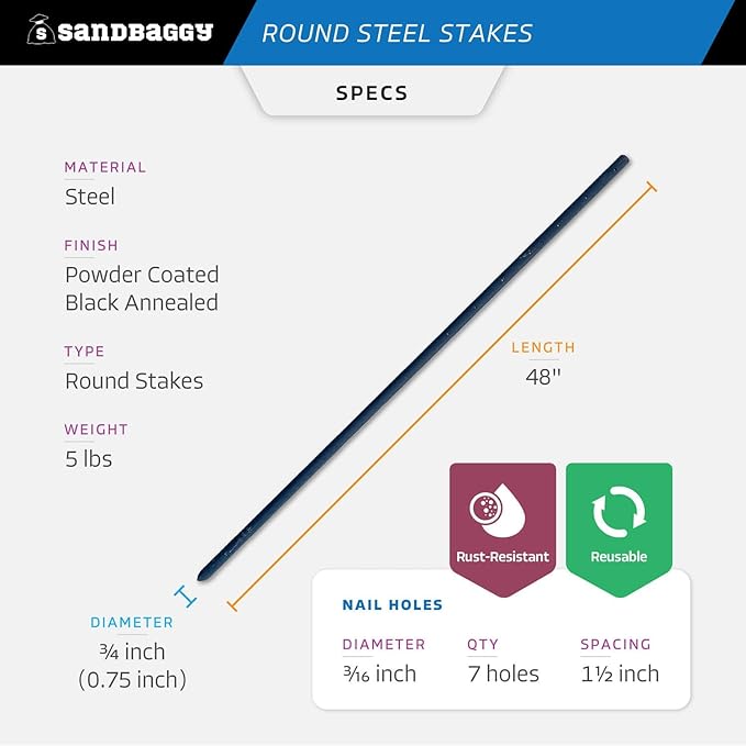 Sandbaggy Round Steel Concrete Form Stakes with Nail Holes - Rust Resistant Coating - Removable, Reusable (25, 3/4 in X 48 in)-Ruum Studio Home