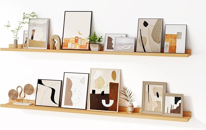 Floating Picture Ledge Shelves for Wall Set of 2, 55 Inches Picture Shelf with Ledge, Nursery Book Shelf for Toys Storage Kids Bookshelf Wall Mounted Living Room Bedroom Decor Frames, Oak-Ruum Studio Home