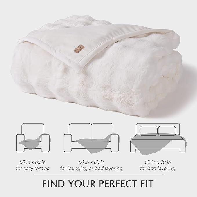 EVERGRACE Ultra Soft Luxury Fluffy Ridgeline Faux Rabbit Fur Throw Blanket, Thick Warm Bubble Throw for Bed, Cozy Plush Reversible Blankets for Couch, Chair, Sofa, Ivory White, 80x90 Inches, 870 GSM-Ruum Studio Home