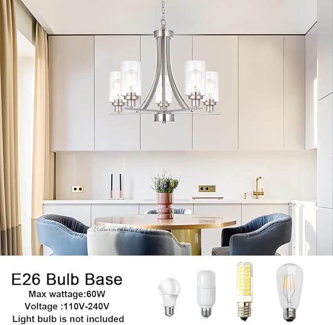 BONLICHT 5 Lights Traditional Chandelier Brushed Nickel Kitchen Island Dining Room Lighting Fixtures Hanging Seeded Glass Pendant Light Modern Flush Mount Ceiling Light for Living Room Bedroom Foyer-Ruum Studio Home