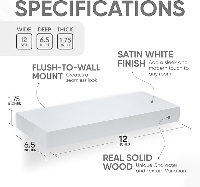 Homeforia White Floating Shelf 12 inch, High End Solid Real Wood Small 12inch Floating Shelves for Wall Mounted, White Wooden 12 in Floating Shelves, Heavy Duty Bracket, 12 X 6.5 X 1.75 inch, Set of 2-Ruum Studio Home