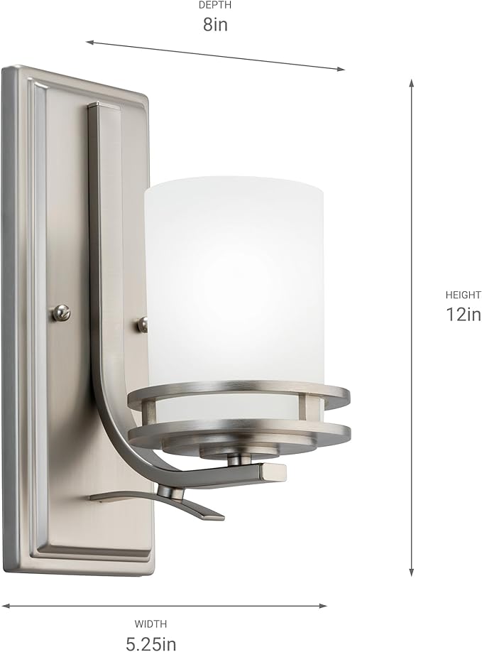 Kichler Hendrik 12" Wall Sconce in Brushed Nickel, 1-Light Modern Wall Mount Light with Satin Etched Cased Opal Glass, (12" H x 5.25" W), 5076NI, 24.75 in-Ruum Studio Home