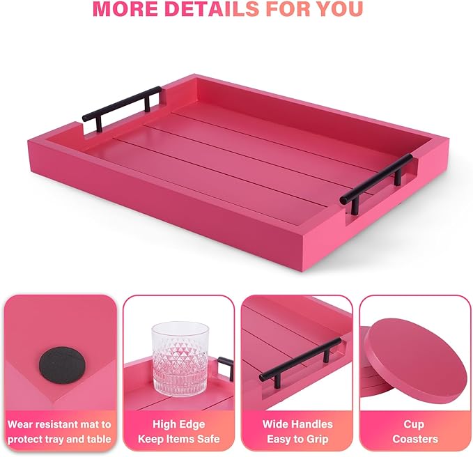 Ottoman Tray | Coffee Table Tray Decorative, Serving Tray with Handles - 17x13 Inch Wood Tray for Coffee Table Tray - with 4 Wooden Coasters -Tray for Ottoman, Breakfast-Ruum Studio Home