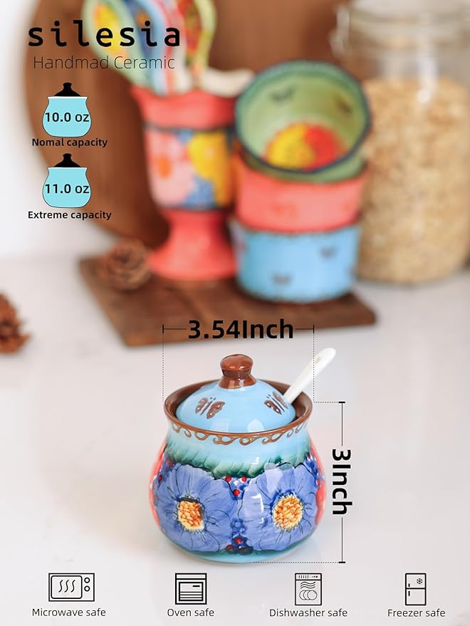 silesia Handmade Sugar Bowl with Lid and Spoon, 9 Ounce Ceramic Hand-Painted Sugar Jar for Home in Gift Box, Kitchen Decor, Oven, Dishwasher & Microwave Safe, Glazed Blue-Ruum Studio Home