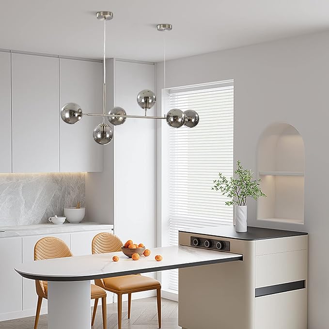 KCO Modern 6-Light Ceiling Pendant Lighting Mid-Century Glass Globes Sputnik Pendant Lamp Hanging Adjustable Chandelier for Kitchen Island Living Dining Room (Silver+Smoke Grey)-Ruum Studio Home