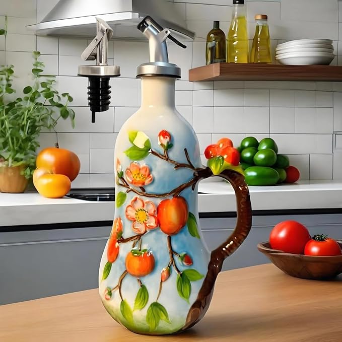 18 Oz Hand Painted Relief Ceramic Olive Oil Bottle Dispenser for Kitchen, Oil and Vinegar Bottle, Seasoning Bottle with Stainless Steel Nozzle, 540mL Oil Container with Handle for Cooking, Light Proof-Ruum Studio Home