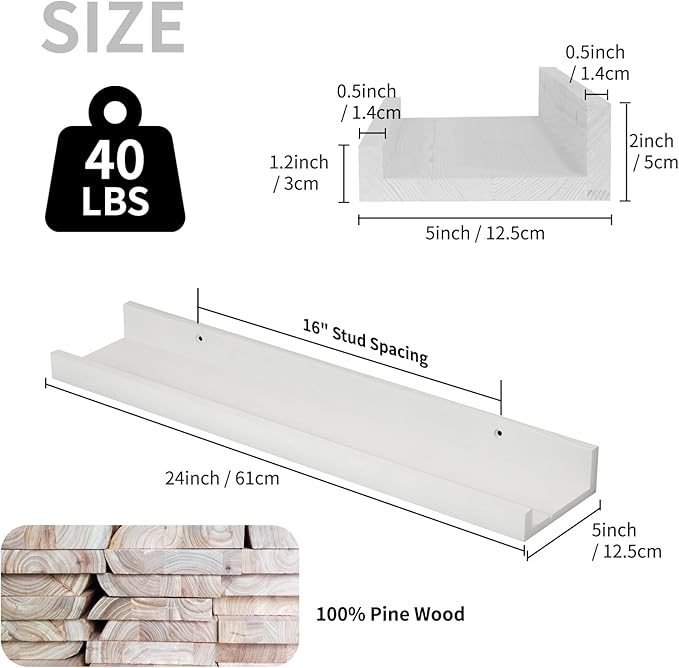 SAUMONIERES Picture Ledge Shelf Floating Book Shelves Set of 2 Wall Mounted Solid Wood for Bedroom Bathroom Living Room Kitchen, 24 Inch White-Ruum Studio Home