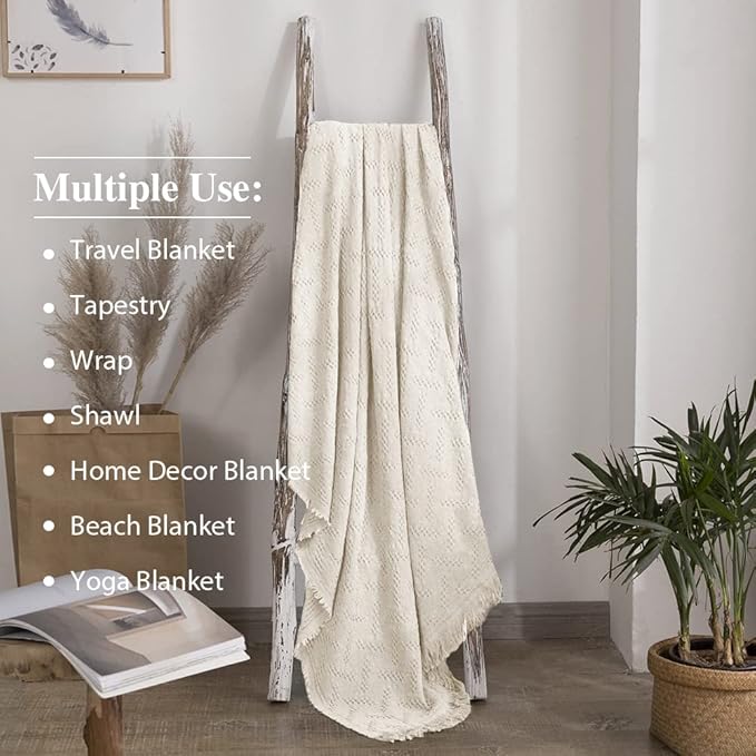 Simple&Opulence 100% Cotton Throw Blanket for Bed, Couch, Boho Luxury Geometric Knit Woven Blanket with Tassels Soft Lightweight Cozy Breathable, Vintage Farmhouse Decoration for All-Season(White)-Ruum Studio Home