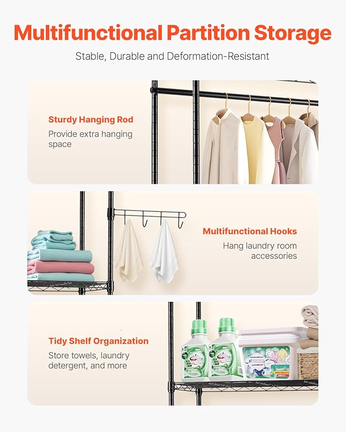VEVOR Over The Washer and Dryer Storage Shelf, 6 Tier Laundry Room Drying Rack with Hanger Rod and Hooks, Adjustable Over Washer and Dryer Shelves, Laundry Room Shelf Storage Space Saver, Black-Ruum Studio Home