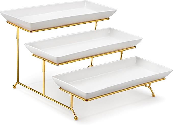 MALACASA 3 Tier Serving Trays for Party, 14 Inch Porcelain White Trays for Serving Food, Dessert Stand with Collapsible Gold Metal Rack-Ruum Studio Home