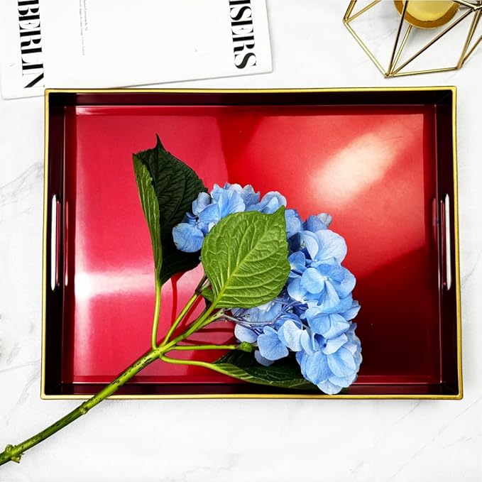 Large Red Decorative Tray, Serving Tray with Handles, Plastic Coffee Table Tray for Ottoman, Living Room, Bathroom, Decor. 15.7” x 11.8” x1.6”-Ruum Studio Home