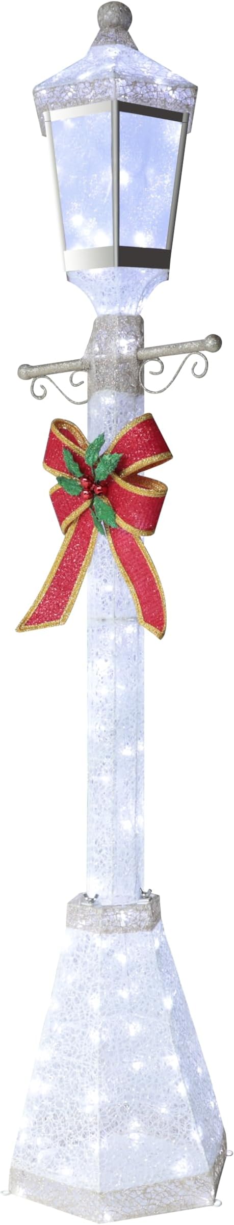 6FT Lighted Freestanding Lamp Post for Christmas Decoration, Pre-Lit Iridescent Post Lamp with 120 LED Lights & Removable Bow, Outdoor 3D Glittered Standing Festival Display, White-Ruum Studio Home