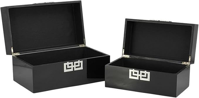 Galt International Storage Box Set Decorative Storage Box w/Hinged Lid Classic Design Wood Decor Boxes with Geometric Clasp Storage for Bedroom & Home - Set of 2 (Black & Silver)-Ruum Studio Home