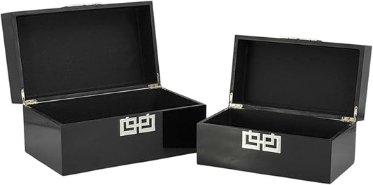 Galt International Storage Box Set Decorative Storage Box w/Hinged Lid Classic Design Wood Decor Boxes with Geometric Clasp Storage for Bedroom & Home - Set of 2 (Black & Silver)-Ruum Studio Home