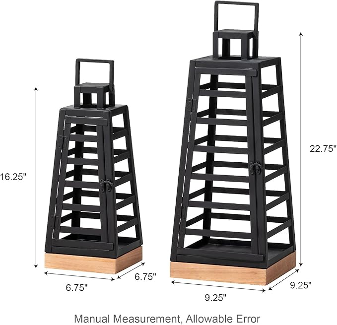 Glitzhome Set of 2 Modern Trapezoid Metal/Wood Decorative Lanterns,Large Candle Lanterns for Living Room,Home,Indoor, Outdoor,Table,Fireplace Mantle Decor -Black(No Glass)-Ruum Studio Home