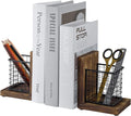 MyGift Rustic Burnt Wood Decorative Bookends for Heavy Books with Matte Black Metal Wire Basket Pencil Cup and Office Supplies Storage Baskets, 1-Pair-Ruum Studio Home