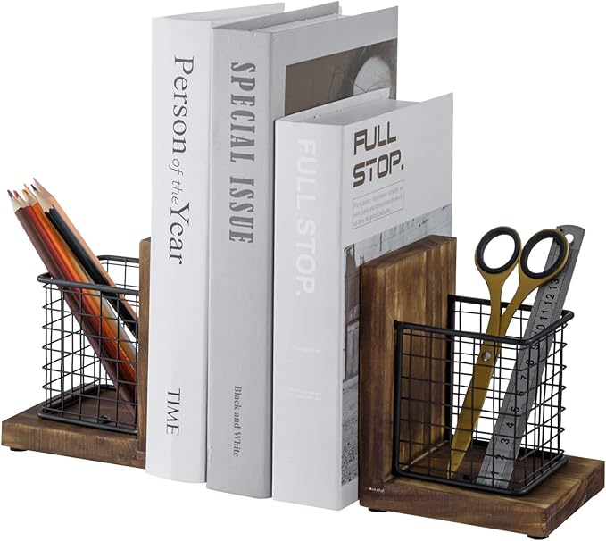 MyGift Rustic Burnt Wood Decorative Bookends for Heavy Books with Matte Black Metal Wire Basket Pencil Cup and Office Supplies Storage Baskets, 1-Pair-Ruum Studio Home