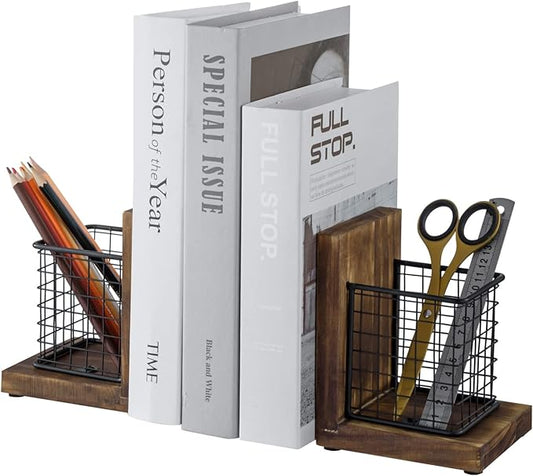 MyGift Rustic Burnt Wood Decorative Bookends for Heavy Books with Matte Black Metal Wire Basket Pencil Cup and Office Supplies Storage Baskets, 1-Pair-Ruum Studio Home