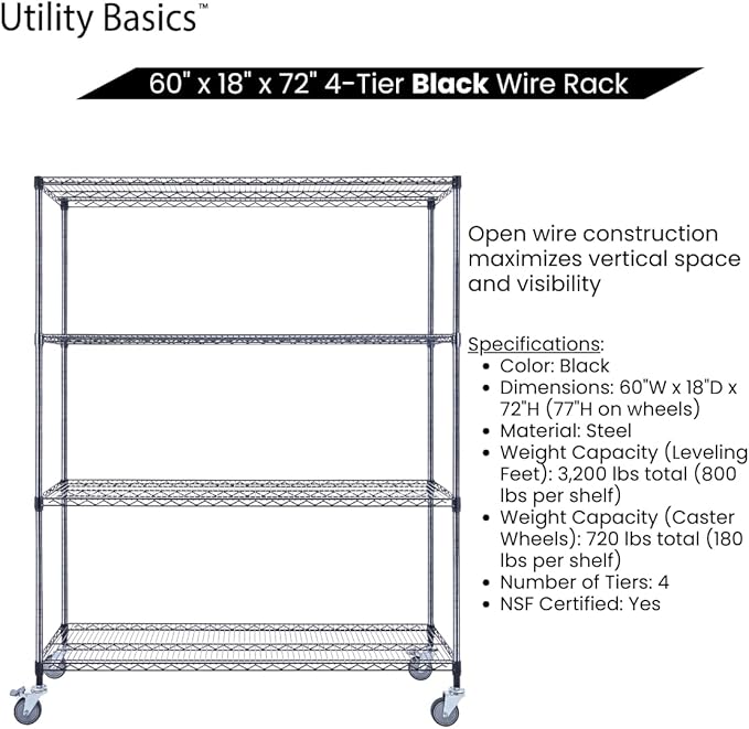 60"x18"x72" Black Premium Metal Steel Wire Shelving 4-Tier NSF 3200 LBS MAX Capacity Heavy Duty Storage Rack for Garages, Commercial Spaces, Hospitals, & Schools w/Premium Wheels-Ruum Studio Home