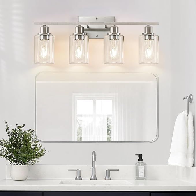 4-Light Bathroom Light Fixtures, Brushed Nickel Vanity Lights with Clear Glass Shades, Modern Bathroom Wall Lamp for Mirror Living Room Cabinet Bedroom Porch-Ruum Studio Home