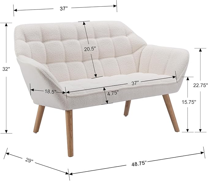 48”Small Loveseat Sofa, Modern Sherpa Upholstered Mini Couch 2-Seater Fluffy Love Seat with Quilting Backs and Wood Legs for Living Room, Bedroom and Small Space, White-Ruum Studio Home