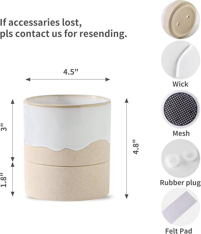 Nihow Self Watering Plant Pot: 4.5 Inch Ceramic Planter with Drainage Hole & Water Storage Plus for Indoor & Outdoor Plants - Cylinder Flower Pot for Herbs/Violets - White & Nature-Ruum Studio Home