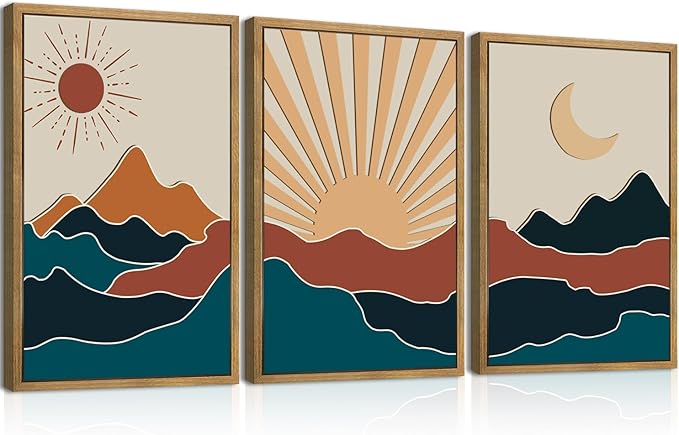 Large Boho Mountain Wall Art Set Modern Abstract Bohemian Wood Wall Decor Colorful Mid Century Neutral Artwork Sun and Moon Art Decor for Living Room Bedroom Office-16x24Inch x3-Ruum Studio Home