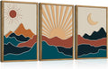 Large Boho Mountain Wall Art Set Modern Abstract Bohemian Wood Wall Decor Colorful Mid Century Neutral Artwork Sun and Moon Art Decor for Living Room Bedroom Office-16x24Inch x3-Ruum Studio Home