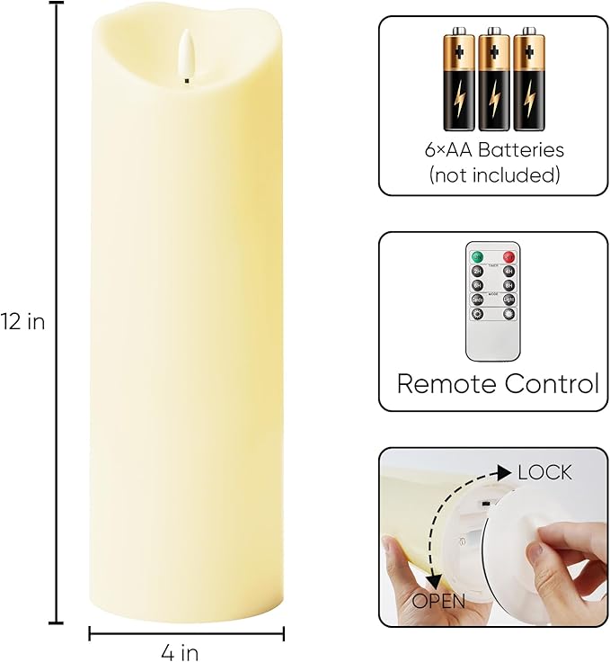 Homemory 4"x12" Outdoor Waterproof Flameless Candles with Timers and Remote Control, Battery Operated Candles, LED Plastic Candles, Dark Ivory, Set of 2-Ruum Studio Home