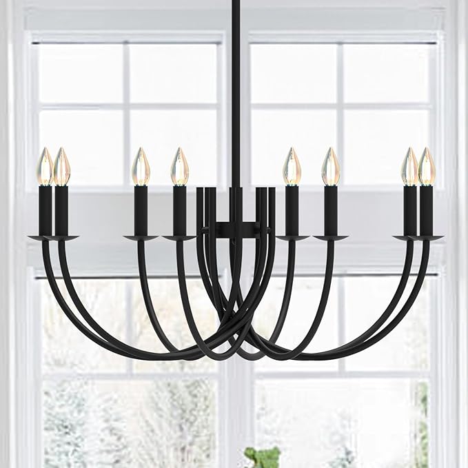 Large Black Chandeliers Light Fixture, Modern Candle Pendant Lighting, Round LED Hanging Lamp Ceiling for Bedroom Living Room Dining Room Kitchen Island Farmhouse (Black-C 8Lights)-Ruum Studio Home