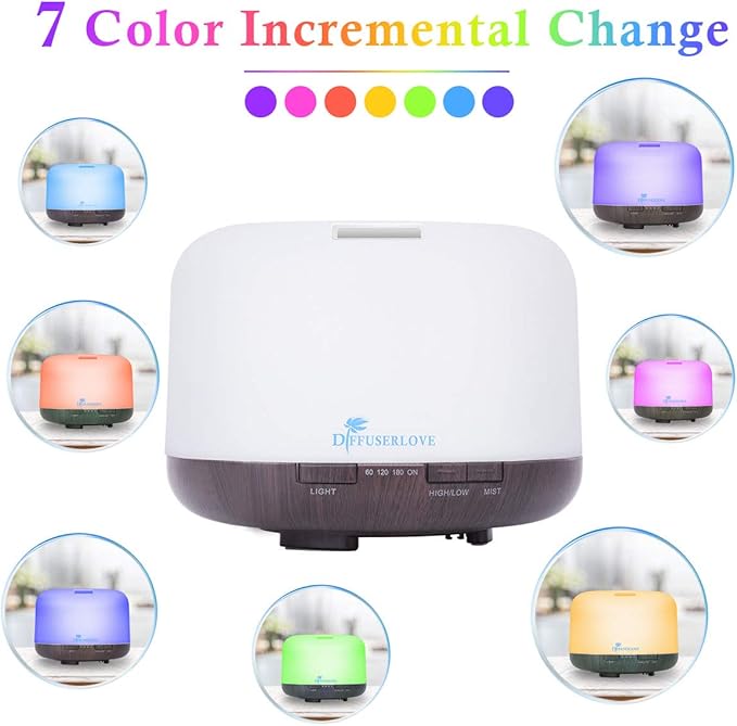 Diffuserlove Essential Oil Diffuser 500ML Aromatherapy Diffuser Mist Humidifiers 7 Color LED Lights Diffusers for Home Office Bedroom (Size:6.7" L x 6.7" W x 4.7" H)-Ruum Studio Home