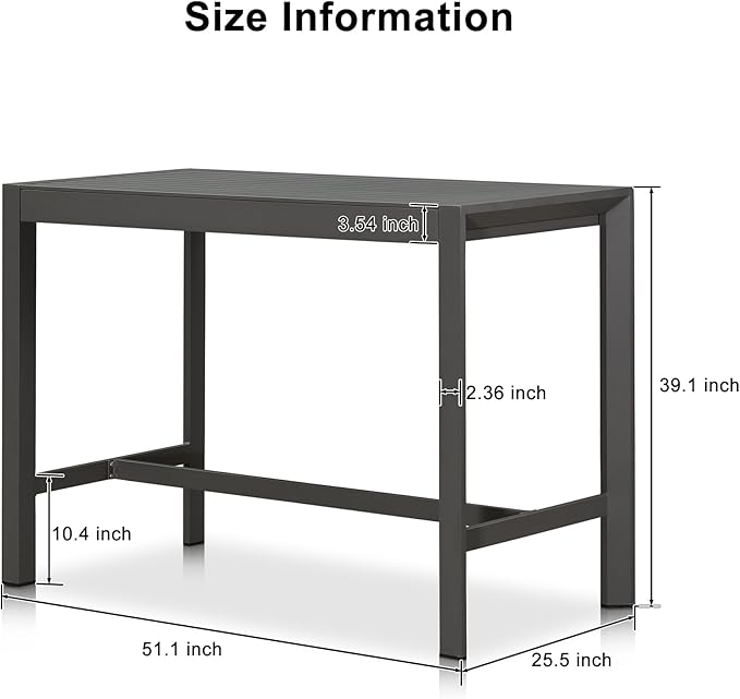 PURPLE LEAF 39.1'' Rectangle Outdoor Patio Counter Height Dining Table, Durable Aluminum Bar Height Pub Table for Counter Bar Stool, Water-Proof Tall Dining Table with Sturdy Legs, Grey-Ruum Studio Home