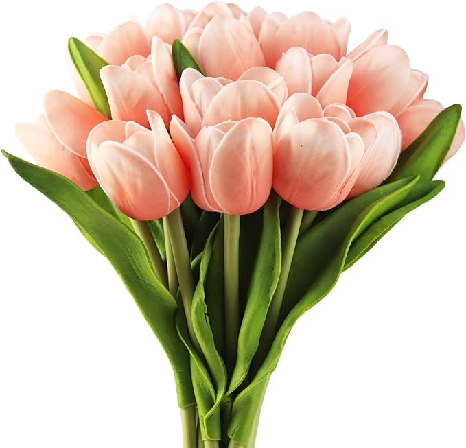Buart Artificial Tulip in Bulk for Home Kitchen Wedding Bridal Bouquet,Fake Flowers for Valentine's Day Mother's Day Easter Table Centerpieces Decorations(Peach,Real-Touch,12pcs)-Ruum Studio Home