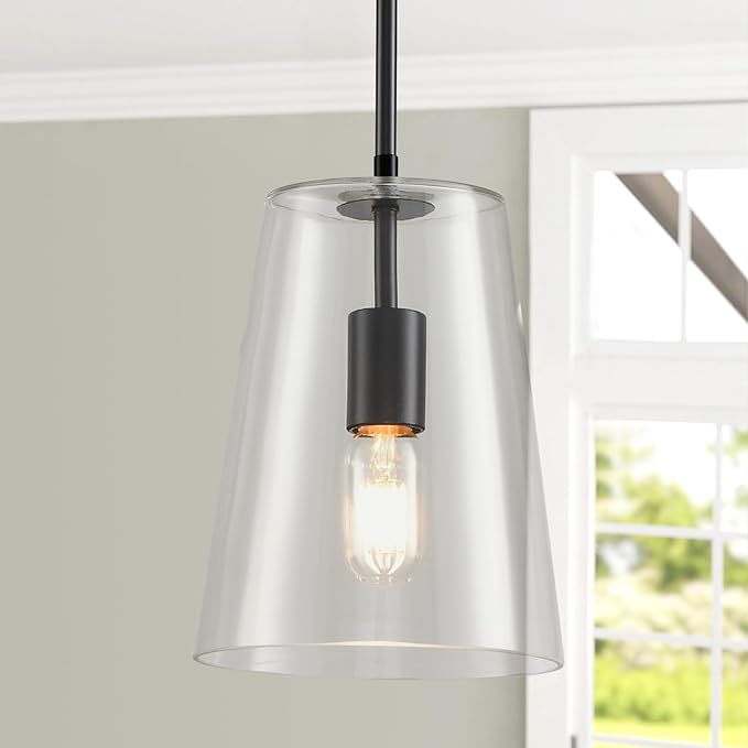 Black Big Pendant Lights Kitchen Island - Clear Glass Pendant Light Fixture Multiple Stems Rods 3 Units 12 Inch 3 Units 4 Inch (2 Pack Black Downrod Pendant with 7.5in W 9.5in H Shade)-Ruum Studio Home
