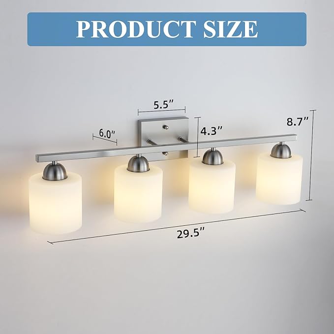 Stainless Steel Milk Glass Vanity Lights for Bathroom, 4 Light Brushed Nickel Bathroom Light Fixtures Over Mirror, Ceramic E26 Sockets Wall Mounted-Ruum Studio Home
