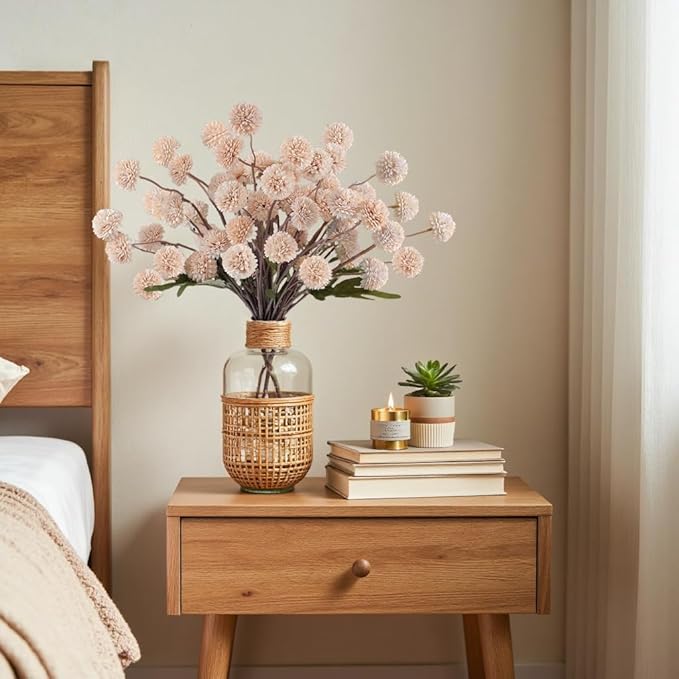 Faux Beige Kiku Flowers 10 Stems & 2 Eucalyptus, Fake Mums Pompon Flower Ball, Autumn Artificial Chrysanthemums Flowers for Boho Bedroom Decor, Silk Mini Faux Kiku Flower Wedding Arrangements Decor-Ruum Studio Home