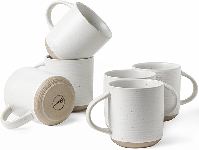 Kanwone Coffee Mugs 16oz, Stoneware Mugs Set, Ceramic Coffee Cups with Handle for Latte, Hot Tea, Cappuccino, Cocoa, Housewarming Wedding Gift, Microwave and Dishwasher Safe, Set of 6, Neutral White-Ruum Studio Home