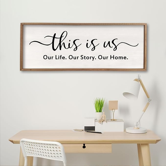 This is us Wall Decor Sign 32'' x 12'' Large Master Bedroom Home Life Story Wood Framed Vintage Family Sign Rustic Plaque Living Room Minimalist Farmhouse Hanging Wall Art (Wood)-Ruum Studio Home