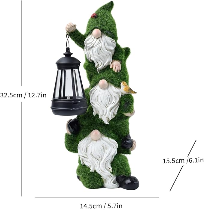 Solar Garden Three Gnome Statue Stacked Flocked with LED Light, Outdoor Waterproof Lawn Ornament Decor for Patio Lawn Yard Pathway Gift Idea for Women Mom Mothers Day-Ruum Studio Home