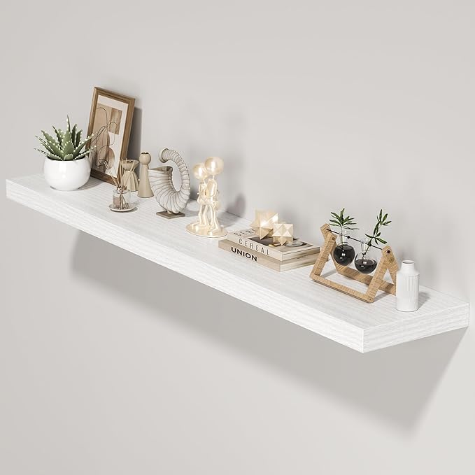 Floating Shelves for Wall, 55"W x 9.3"D x 1.5"H, Long Wooden Wall Mounted Display Shelves with Invisible Brackets for Living Room, Bedroom, Bathroom, Kitchen Decor and Storage, Set of 1, White-Ruum Studio Home