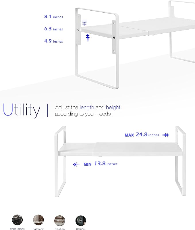 Nxconsu Cabinet Shelf Expandable Height Adjustable Organizer Riser for Kitchen Cabinet Pantry Cupboard Under Sink Countertop Organization Storage Space Saver Stackable Heavy Duty Metal White-Ruum Studio Home