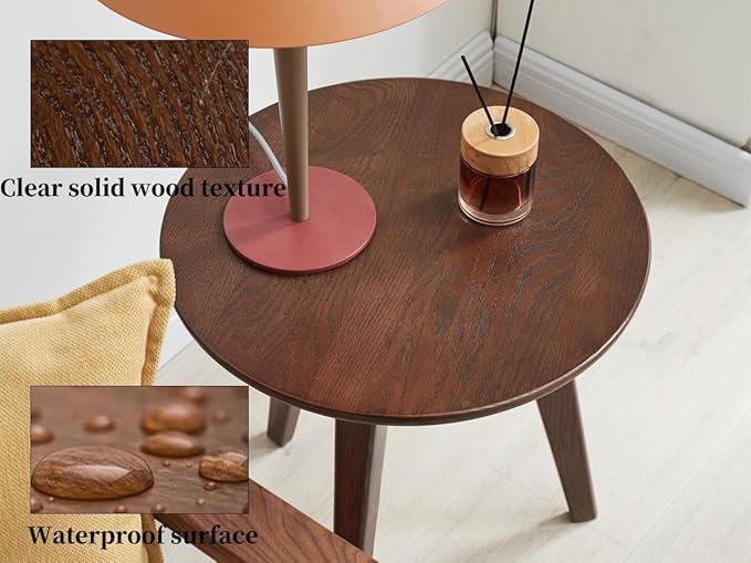 100% Solid Oak Round Side Table Set of 2, Small Bedside Table for Small Spaces, Living Room End Table with Stable Frame, Modern Nightstand for Bedroom Couch(Walnut, 17.71" D x 19.68" H)-Ruum Studio Home