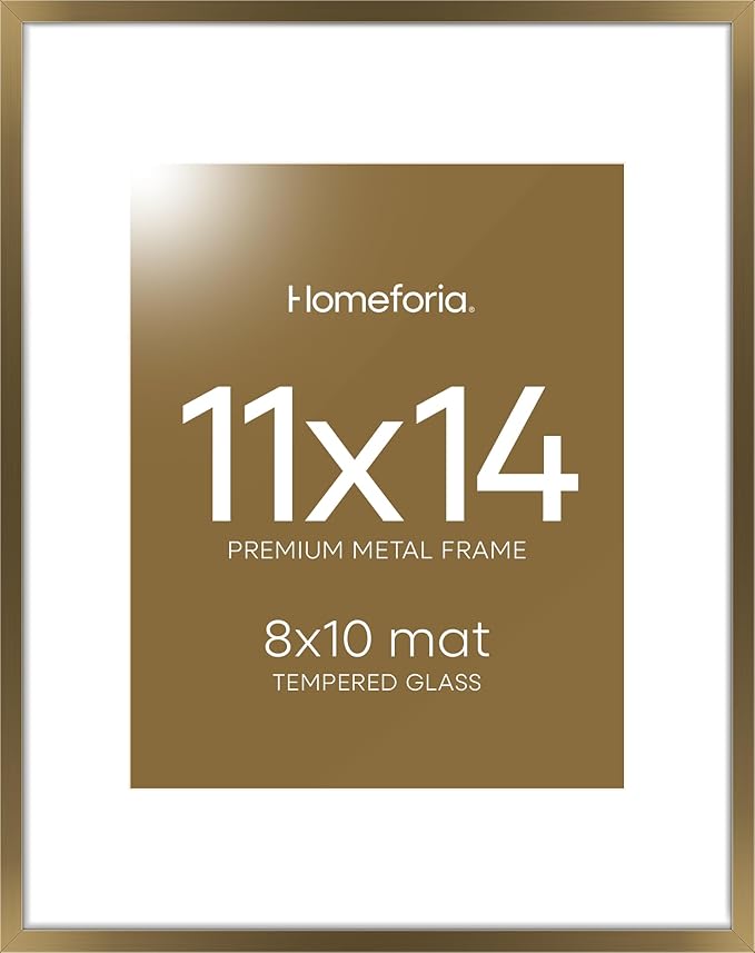 Homeforia 11x14 Bronze Picture Frame, High End Metal 11x14 Brass Frame with Mat 8x10, 11 x 14 Poster Frames Matted to 8 x 10 inch Photo, 11 by 14 Bronze Thin Frames, Tempered Glass, Wall Kit, Set of 1-Ruum Studio Home