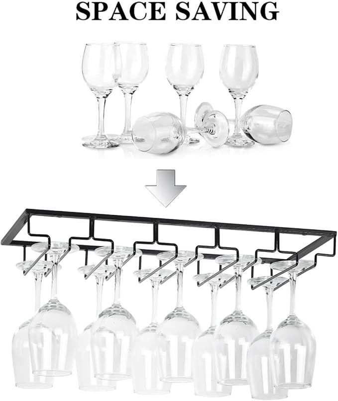 Wine Glass Rack - Under Cabinet Stemware Wine Glass Holder Glasses Storage Hanger 2 Pack Metal Organizer for Bar Kitchen 5 Rows Black-Ruum Studio Home