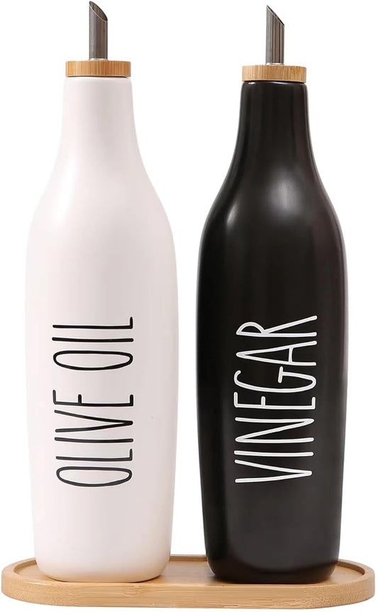 HOMCDALY Olive Oil and Vinegar Dispenser Set, 16oz Ceramic Oil Dispenser for Kitchen, Kitchen Dispenser Bottle for EVOO Vinegar Syrups, Modern Farmhouse Design| Set of 2 – P-Black&White-Ruum Studio Home