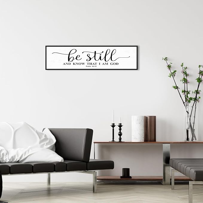 Be Still And Know That I Am God: Christian Bible Verse Wall Art Framed Scripture Sign Farmhouse Entryway Wall Hanging Plaque Religious Decor For Living Room Bedroom 12"X40"-Ruum Studio Home