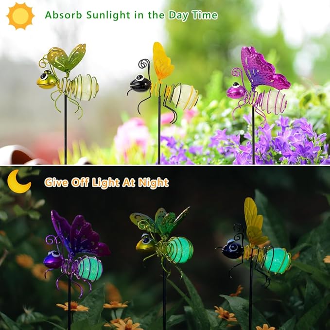 Garden Decor for Outside,3 Pcs Luminous Insect Garden Decorative Stakes,Glow in The Dark Bee Lights Metal Yard Art,Waterproof Outdoor Spring Lawn Patio Pathway Decoration for Mom,Women,Grandma-Ruum Studio Home