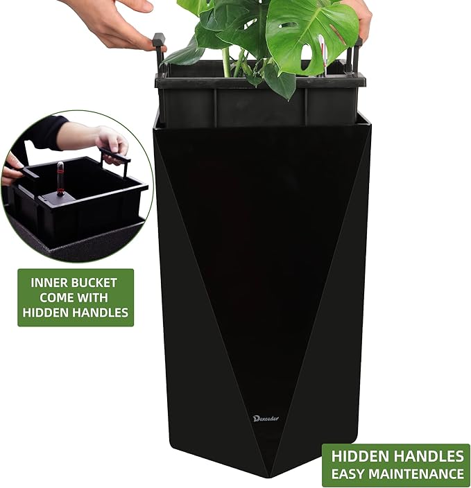 Dexceder 20 Inches Tall Self Watering Planter Diamond High Gloss Indoor Outdoor, Thickened Rhombus Large Floor Standing Flower Plant Pot with Water Level Indicator (Black)-Ruum Studio Home