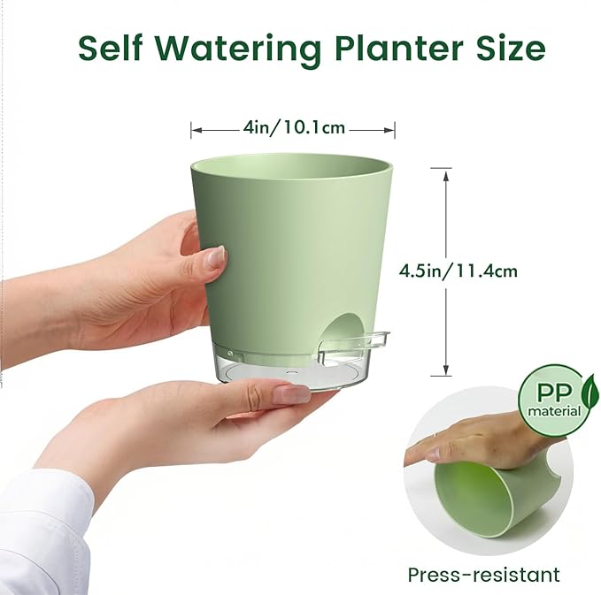 4 inch Self Watering Pots for Indoor Plants, 5 Pack Small Flower Plant Pots with Drainage Holes and Clear Reservoirs, Visible Water Level, Plastic Planters with Wicking Rope, Green-Ruum Studio Home