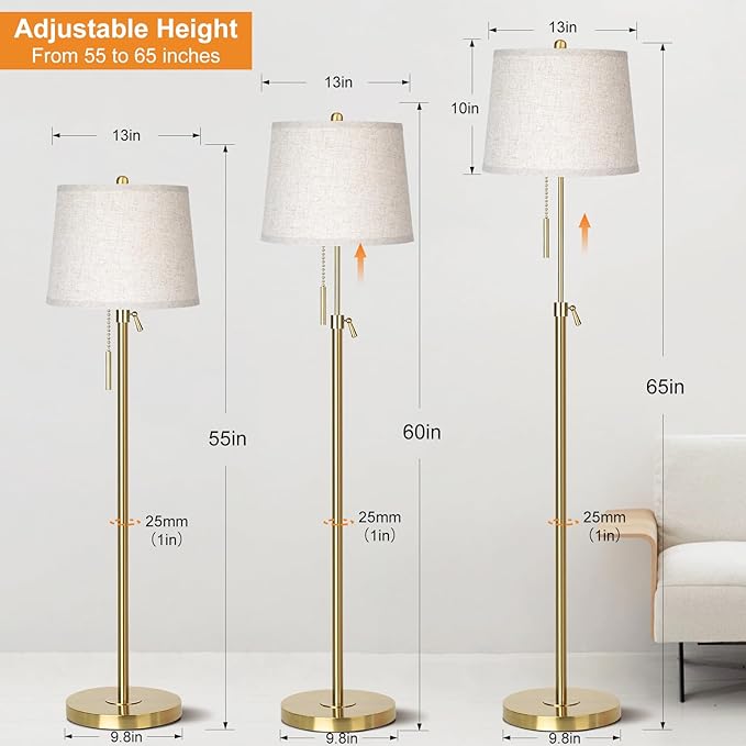 Gold Floor Lamp for Living Room 55-65" Adjustable Modern Brass Standing Lamp with Pull Chain Tall Pole Light with Beige Shade for Bedroom Reading Office Corner Nursery 9W LED Bulb Included 3 ColorTemp-Ruum Studio Home